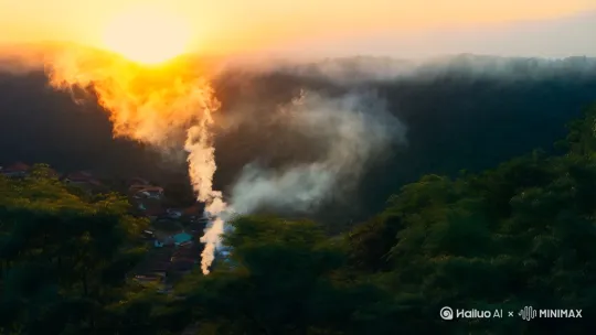清晨太阳缓缓升起，村庄里炊烟聊聊，云雾弥漫着森林 by Hailuo AI Video Generator