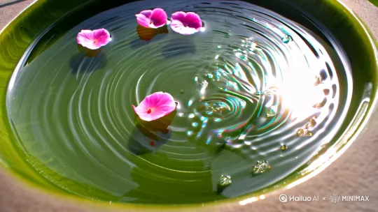 Ultra realistic, aerial view of jade bowl with water ripples reflecting sakura petals, morning sunlight refraction through water droplets, 8K details, cinematic depth of field --ar 16:9 --style raw by Hailuo AI Video Generator