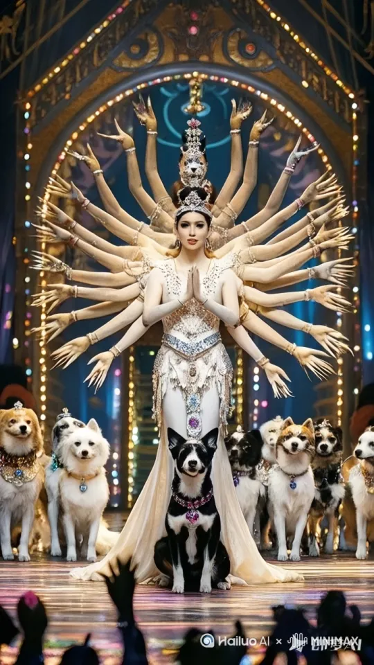 幕启,领舞身姿绰约,率先舒展手臂,似绽出第一片花瓣。随后,群舞跟进,手臂如行云流水,依次起落,或高或低、或曲或直,层层叠叠,仿若千手齐出,动作整齐划一,精准而灵动,编织出震撼人心的视觉盛景 。 by Hailuo AI Video Generator