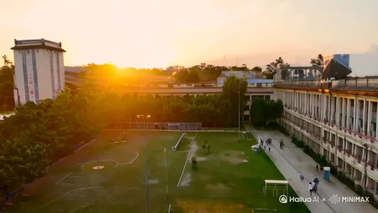 清晨的校园，阳光洒在操场上，学生们陆续走进校园。镜头从高处缓缓下降，展示校园的全景。 by Hailuo AI Video Generator