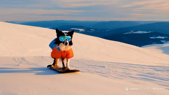 Border Collie in down jacket and goggles, on a snowboard, sliding down a snowy mountain, exhilarating, winter sport scene --ar 3:4 --s 750 by Hailuo AI Video Generator