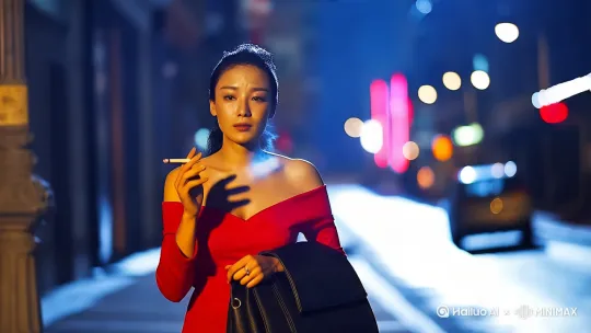 昏暗的城市街道，霓虹灯闪烁，一位穿着红色露肩连衣裙的美女，手上拎着黑色小皮包，停下站住，轻轻吸了一口，烟雾缓缓升起，眼泪从眼角滑落。镜头从上半身缓缓推进，最后聚焦到她的脸部特写，突出她的悲伤眼神和泪痕。烟雾和泪水的细节处理，增强情感表达。" by Hailuo AI Video Generator