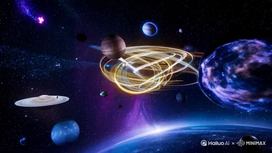 电影写真，
画面内容
镜头展示一个宏伟的宇宙场景，多个星系和行星在无尽的空间中旋转。随着画面的展开，画面中心逐渐显现出一个由科技和文化构成的引力波舞蹈，象征着文明共同体的凝聚力。在画面中，量子粒子在宇宙中交织成光芒四射的波动线条，代表着新时代的合作与交流，文明的力量在时空中蔓延，成为全球连结的象征。
背景画面
背景是浩瀚无垠的宇宙，星系、行星、黑洞等天体在不断旋转，交错的引力波线条在宇宙中浮动，形成人与人、国与国之间的无形连接。空间中交织着量子粒子、电子流和能源传递的光线，展现出科技、文化和文明在量子时代的深度融合。
颜色色调
整个宇宙场景采用深蓝色、紫色和黑色为主色调，突出宇宙的神秘和广袤感。引力波舞蹈的线条使用金色、银色和亮蓝色，象征着文明之间的和谐与互联。量子粒子的闪烁和交织呈现出柔和的蓝白色光线，表现出科技的未来感。
运镜方式
镜头从宇宙的深空开始，缓缓推进，逐渐呈现出引力波的复杂舞蹈。随着镜头的推进，画面不断变换，展现文明之间的相互引力与交流，最终镜头定格在交错的光芒和波动线条上，象征着文明共同体在量子 by Hailuo AI Video Generator
