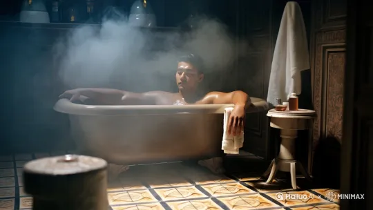 一个威猛的男性在浴室的浴缸泡澡，房间里灯光灰暗烟雾弥漫，男性的身材壮硕有肌肉线条 by Hailuo AI Video Generator