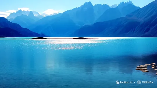 羊卓雍措(即梦生成)
“被山神揉皱的蓝丝绸，20道湖湾藏着20个转世传说。玛尼堆的阴影在湖面写满六字真言，风起时，水纹正翻译着天空的经文。” by Hailuo AI Video Generator