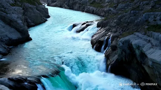 一条宽阔的河流奔腾而下，河水流经一处狭窄的峡谷地段，流速陡然加快，河水猛烈冲击着峡谷两侧的岩石，溅起高高的白色水花，水花大小不一，形状不规则，朝四周分散，并形成大片高密度水雾，快速的升腾起来，随后水流又在下游开阔处逐渐平缓，形成波光粼粼的河面。水面纹理平滑，3d渲染，8k超高清画质，电影质感 by Hailuo AI Video Generator