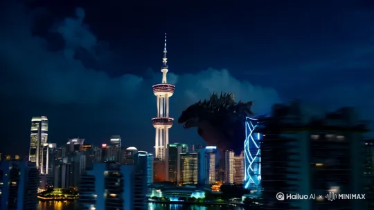 东方明珠后面出现一只哥斯拉[左移,推进,右摇] by Hailuo AI Video Generator