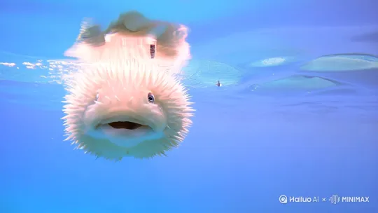 镜头浸泡在浅蓝色的海水中，一个充气了的白色刺豚直向镜头游来，镜头只拍到刺豚的头部，然后刺豚吻在镜头上，能清楚的看到鱼唇正贴在镜片的正中央，镜头被鱼撞得剧烈晃动。风格写实。 by Hailuo AI Video Generator