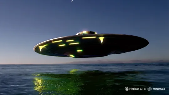 特写飘在海面上的宇宙飞碟 从侧面捕捉其金属质感和脉冲光晕；UFO正低空飞行，光束照射海面，激起微弱的涟漪。
		镜头运动：慢速跟拍，保持平稳过渡，镜头略微摇动以增加动态质感 by Hailuo AI Video Generator