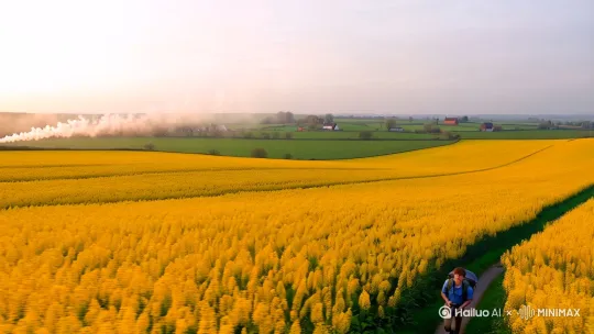 场景 1：开场 - 远景 - 清晨的乡村
画面内容：远景展示一片广袤的乡村田野，晨雾缭绕，远处有农舍和炊烟升起。镜头缓慢推进，聚焦在一片金黄色的油菜花海中。
物，纯粹的自然风光。
- **音乐**：轻柔的钢琴曲，营造宁静的氛围。
场景 2：中景 - 主角出现**
画面内容**：中景展示主角（一个年轻的旅行者，背着露营装备）走在乡间小路上，脸上带着期待的笑容。
- **人物动作**：主角一边走一边欣赏周围的风景，偶尔停下来拍照。
- **台词**：
  - 主角（内心独白）："春天来了，花海也开了，是时候去享受大自然的宁静了。"
音乐**：继续轻柔的钢琴曲，加入轻微的风声和鸟鸣。
场景 3：特写 - 花海细节**
画面内容**：特写展示油菜花的细节，花瓣上的露珠在阳光下闪闪发光。
- **人物动作**：无人物，纯粹的花海特写。
- **音乐**：继续轻柔的钢琴曲，加入轻微的风声和蜜蜂的嗡嗡声。
场景 4：中景 - 搭建帐篷**
画面内容**：中景展示主角在花海中搭建帐篷，动作熟练而轻松。
- **人物动作**：主角一边搭建帐篷一边微笑，偶尔抬头欣赏周围的风景。
- **台词**：
  - 主角（内心独白）："在这里露营，仿佛时间都慢了下来。"
- **音乐**：继续轻柔的钢琴曲，加入轻微的帐篷搭建声。
场景 5：全景 - 夕阳下的花海**

- **画面内容**：全景展示夕阳下的花海，金色的阳光洒在田野上，主角坐在帐篷前，欣赏着这美丽的景色。
- **人物动作**：主角拿出相机拍照，然后静静地坐着，享受这宁静的时刻。
- **台词**：
  - 主角（内心独白）："这一刻，我感受到了大自然的温柔和力量。"
- **音乐**：音乐逐渐变得温暖，加入轻微的虫鸣声。
场景 6：特写 - 夜晚的星空**
画面内容**：特写展示夜空中璀璨的星星，镜头缓慢移动，仿佛在探索宇宙的奥秘。
- **人物动作**：无人物，纯粹的自然风光。
- **音乐**：音乐变得悠扬而神秘，加入轻微的风声和远处的动物叫声。
场景 7：中景 - 早晨的露营生活**

- **画面内容**：中景展示主角在早晨的阳光下准备早餐，帐篷旁边的小桌子上摆着简单的餐食。
- **人物动作**：主角忙碌着，偶尔停下来喝口咖啡，享受这宁静的早晨。
- **台词**：
  - 主角（内心独白）："在这样的早晨，连咖啡都变得更加香醇。"
-**：音乐变得轻松而愉悦，加入轻微的餐具碰撞声。*场景 8：全景 - 告别花海**

- **画面内容**：全景展示主角收拾好装备，告别花海，沿着乡间小路离开。
- **人物动作**：主角不时回头张望，脸上带着满足的微笑。
- **台词**：
  - 主角（内心独白）："再见，花海。感谢你带给我的宁静和美好。"
- **时长**：2:30 - 3:00
- **音乐**：音乐变得悠扬而略带不舍，加入轻微的风声。


#### **场景 9：远景 - 乡村全景**

- **画面内容**：远景展示主角逐渐远去，乡村全景再次出现在画面中，宁静而美丽。
- **人物动作**：无人物，纯粹的自然风光。
- **台词**：
- **音乐**：音乐逐渐减弱，留下宁静的氛围。


#### **结尾：总结 - 中景 - 主角独白**

- **画面内容**：中景展示主角坐在车里，微笑地看着窗外。
- **人物动作**：主角微笑着看向镜头。
- **台词**：
  - 主角（独白）："有时候，我们需要远离城市的喧嚣，去感受大自然的宁静和美好。春天来了，不妨找个时间去露营，享受这难得的自由和宁静。"
音乐**：音乐变得温暖而充满希望。
结尾：片尾 - 远景 - 花海全景**

- **画面内容**：远景展示花海全景，镜头缓慢拉远，仿佛在告别这片美丽的土地。
- **人物动作**：无人物，纯粹的自然风光。

- **音乐**：音乐逐渐减弱，留下宁静的氛围。 by Hailuo AI Video Generator