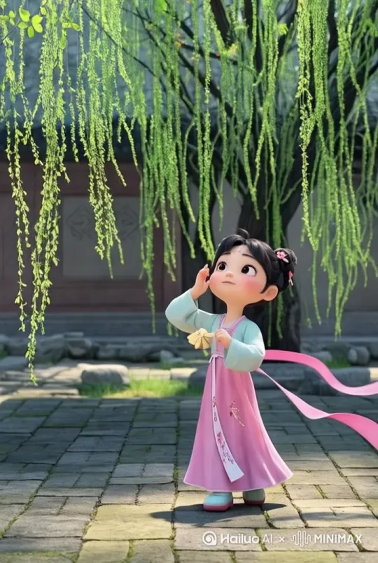 近景：女孩踮脚摸柳芽，柳芽颤动，镜头拉远显树高 by Hailuo AI Video Generator