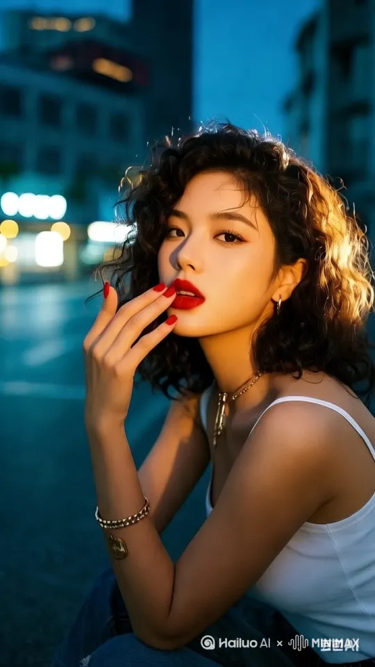 女女孩坐在车水马龙的街道旁边，车辆加速行驶，划过一道道光线，女孩邪魅一笑，手慢慢放下去 by Hailuo AI Video Generator