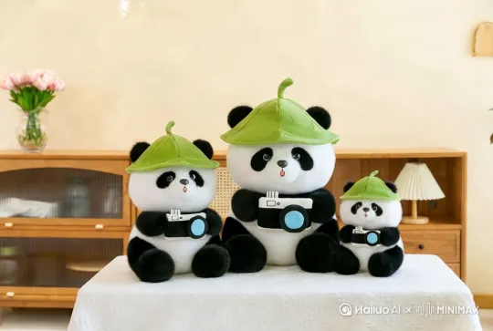 让三个熊猫站起来[跟随]，然后对着外面的风景拍照[跟随] by Hailuo AI Video Generator
