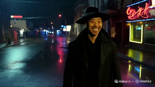 一个雨夜，一个变态杀手，缓慢走在空无一人的街道，露出标志性的奸笑。在寻找着他的下一个猎物 by Hailuo AI Video Generator