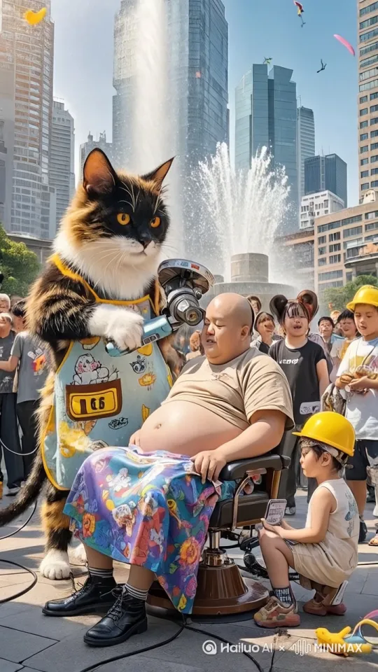 猫咪理发师 拿着角磨机腾空而起，在空中做一个漂亮的回旋，落地后笑着用角磨机打磨着顾客的光头，角磨机在顾客的头上快速移动，所到之处火花四溅，顾客咧嘴大笑，场面欢乐，周围观众鼓掌 by Hailuo AI Video Generator