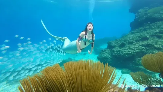 蔚蓝海水中长发美人鱼穿梭于珊瑚丛间，银蓝色鱼鳞在阳光折射下闪烁微光，透明鱼群环绕游动，水流带动海藻缓慢飘荡，浅海区域光线通透，采用电影感水下摄影风格，慢动作展现鱼尾摆动轨迹，背景有零星上升气泡 by Hailuo AI Video Generator