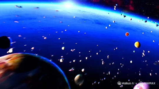 生成一个视频时长为一分钟，要突出运镜，第一个镜头，由银河慢慢推进到地球，推进过程较慢镜头会被星球陨石等遮挡第二个镜头，由地球摇移到离地球不远的缓缓移动外星飞船，飞船形象参考星球大战，镜头慢慢推近展示飞船的细节，飞船各种武器的细节慢慢移动到飞船尾部展示巨大的充满科技感的冒着蓝色火焰的推进器，第三个镜头，场景切换在一个充满科技感的巨大会议室正中，一位穿着军装的男性紧张的看着充满科技感的显示屏，镜头由军装男性慢慢往周围摇移展示一个充满科技感的巨大会议室，会议室中还有各种忙碌的工作人员穿着统一的制服，第四个镜头场景切换在一片沙漠中镜头跟随一辆迷彩涂装的吉普车行驶到一个位于沙漠中的充满科技感的火箭发射中心，镜头由迷彩涂装吉普车上杨镜头展示壮观的充满科技感的火箭发射中心，第五个镜头，场景切换镜头继续跟随迷彩涂装的吉普车进入到了充满科技感的火箭发射中心内部，镜头随着车门打开摇移展示充满科技感的火箭发射中心内部，展示里面的巨大的火箭推进器，以及各种先进的电子设备和里里外外穿着统一制服的工作人员，第五个镜头场景切换在一个长长的充满科技感的走廊，几个神色紧张穿着统一制服的人在行走，镜头跟随着行走，由统一制服的几个人的靴子慢慢往上移动展示统一制服上面的先进设备与他们的坚毅眼神 by Hailuo AI Video Generator