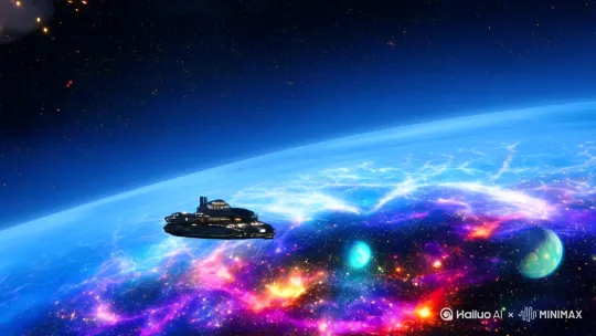 外星系，星球，被黑色战舰使用光束武器攻击，毁灭，爆炸 by Hailuo AI Video Generator