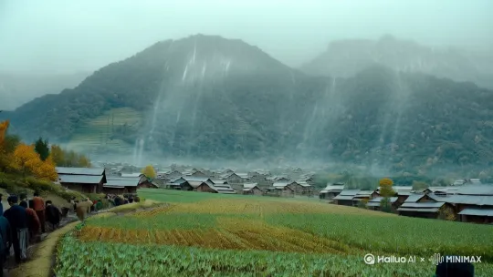 1950 年深秋，湘西龙脊村[下降,上摇]，一场接一场的暴雨倾盆而下，整个村子被灰蒙蒙的雨幕严严实实地笼罩[右摇,变焦推进]，让人透不过气。山间的小路本是村民日常进出的通道，此刻却变得泥泞不堪，每走一步，鞋底都会被粘稠的泥土紧紧吸附，仿佛有一股无形的力量要将人拖入地底。田地里的庄稼在风雨中瑟瑟发抖，原本茁壮的禾苗被狂风刮得东倒西歪，豆大的雨点无情地砸在叶片上，发出噼里啪啦的声响，好似庄稼们痛苦的哀嚎。村民们望着这一片狼藉，心中满是忧虑与无奈，他们不知道这场暴雨还要持续多久，也不确定今年的收成是否还有指望。 by Hailuo AI Video Generator
