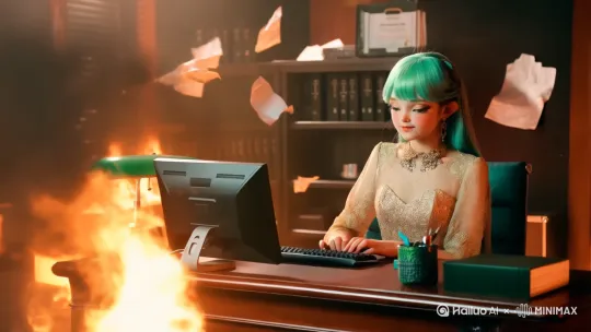 镜头从一张办公桌前缓缓上升,拍摄到办公桌上电脑后方的人,人身后的办公室内内正在燃烧着熊熊大火,一些废纸在屋内飘动。随着镜头移动,摄像机聚焦于电脑前的人,可以看见人后方虚化的房屋中的火焰,坐在电脑前的人面部被电脑的屏幕光照亮,表情自然,面带微笑地敲击键盘,和后方的混乱形成对比。 by Hailuo AI Video Generator