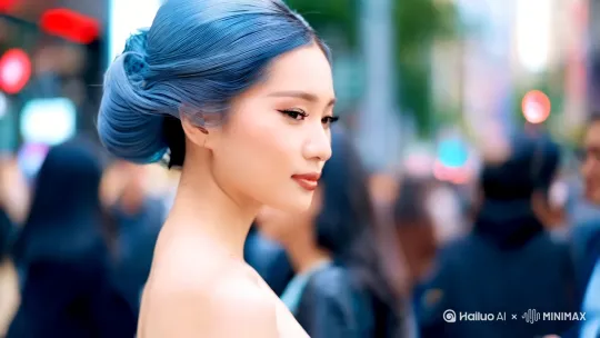 动起来，头发青灰色色调，一个东方美 人侧脸凝视照，盘头，美背，全身，细腻，光洁， 柔软，曲线，饱满，坚挺，特写，穿梭在闹市的人 群中，穿着优雅，大光圈，完美构图，大片，气 质。超高清，32K by Hailuo AI Video Generator