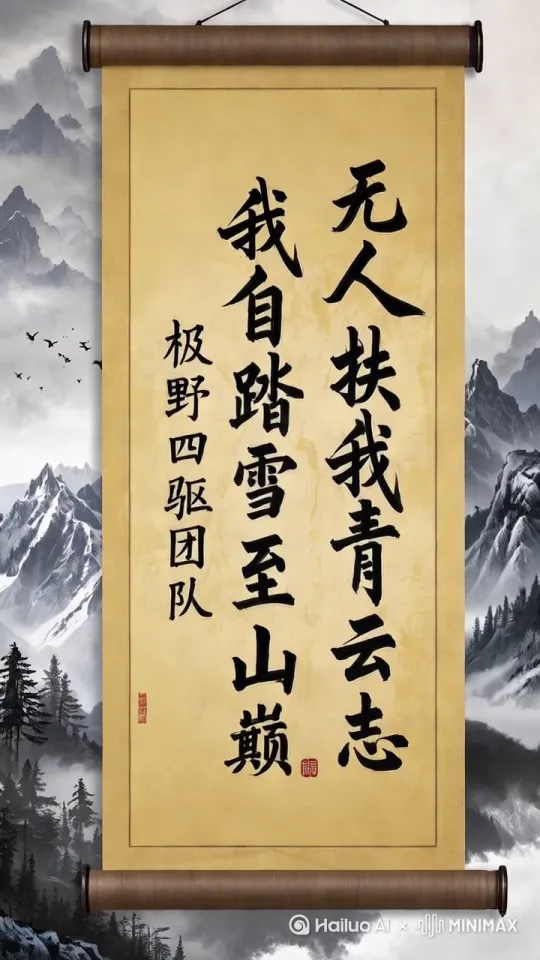 将这幅将这幅画从卷轴的样子慢慢的放下来展示书法的内容。 by Hailuo AI Video Generator