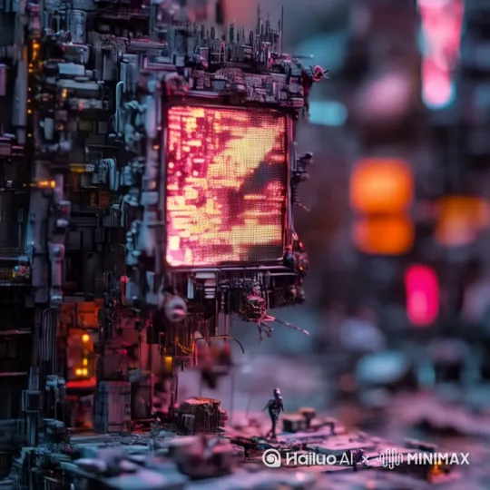 一个小人在广告牌下行走，上面的巨大广告牌发着光 by Hailuo AI Video Generator