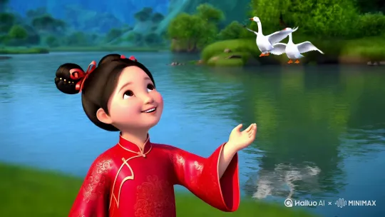 主体描述：小女孩站在河边，仰头看鹅。
场景描述：河边，绿草如茵，三只鹅在水中。
人物描述：扎两个丸子头，穿红色古装裙，笑容满面，手指向天。
风格描述：中国古代卡通。明亮的色彩，3d皮克斯风格。 by Hailuo AI Video Generator
