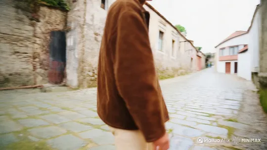 阴天，在石板铺就的古朴小巷里，模特穿着一件棕色灯芯绒夹克，搭配米色裤子和短靴，头戴一顶复古贝雷帽。镜头从模特身后的肩膀开始，跟随他的脚步，捕捉模特晃动的身姿。随后，镜头从模特身旁侧向前移，展现他微笑着用手拢了拢贝雷帽的自然动作。接着，镜头稍微俯拍，捕捉模特站在转角扶墙的优雅姿态，最后以上升的镜头结束，模特对着镜头微笑。视频光色自然，画面具有电影质感。 by Hailuo AI Video Generator
