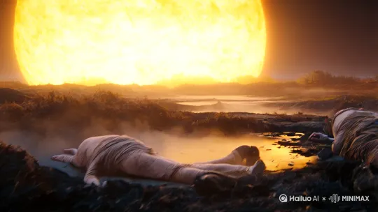在《三体》的乱纪元中，三颗太阳的无规律运动导致行星气候陷入极度混乱：可能瞬间升起硕大太阳，将大地烤成焦土，湖泊蒸发殆尽，脱水的人类卷成干纤维堆叠保存13；也可能陷入漫长极寒，黑夜笼罩下岩石冻裂成粉末，文明在反复脱水与浸泡中挣扎求生35。最恐怖的是三日凌空或连珠，三颗恒星同时逼近，引力撕裂地表，烈焰焚尽万物，天地间只剩灼目白光与沸腾的熔岩海洋 by Hailuo AI Video Generator