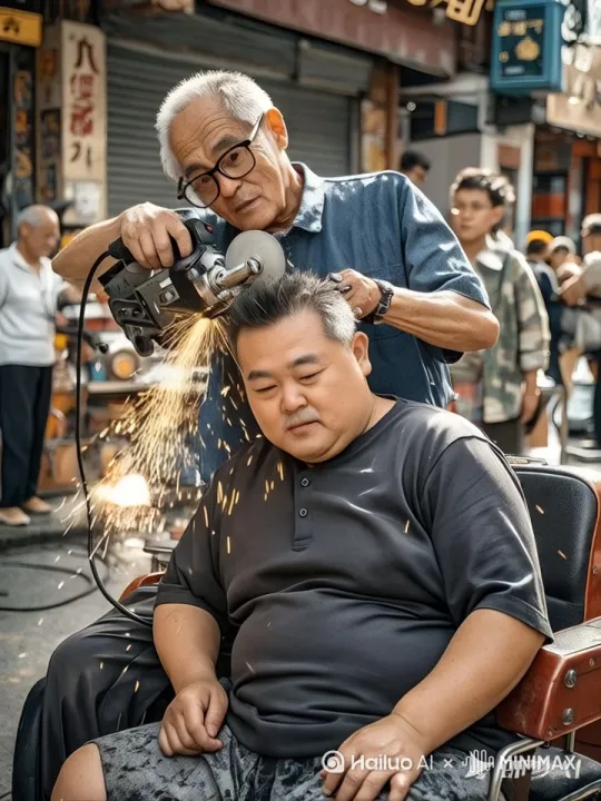 大爷拿着角磨机表情严肃地仔细打磨着胖男子的头发，只见角磨机所到之处火花四溅，碎发飞舞飘落，胖男突然瞪大眼睛张大嘴，紧握双拳，紧咬嘴唇，伸出舌头，紧皱双眉，一动也不敢动，表情夸张搞笑，镜头细致捕捉胖男的脸部表情，胖男变成光头 by Hailuo AI Video Generator
