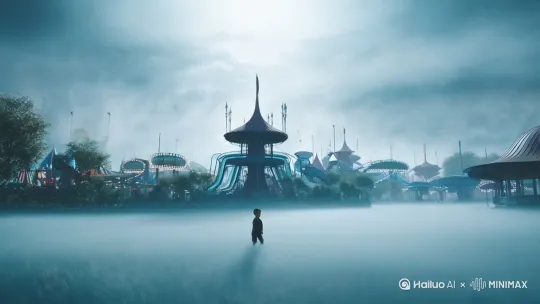 一个小男孩走进游乐场[左移,推进,右摇]梦核场景，胶片摄影风格，迷雾，冷色调，低饱和度 by Hailuo AI Video Generator