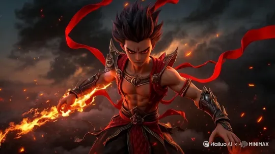 动作：哪吒从火焰中走出，火焰在他周围旋转、升腾。
镜头：特写镜头，聚焦在哪吒的面部表情和火焰的动态效果。
特效：火焰特效增强，火焰的颜色和亮度随音乐节奏变化。
[右移,跟随,晃动] by Hailuo AI Video Generator