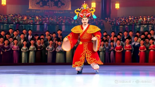 一位中国传统面孔的财神爷，戴着华丽镶嵌珠宝的官帽，官帽两侧如如意弯曲的配饰，穿着中国红色龙纹长袍富有的财神爷在四周都是观众的滑冰场上滑冰，他穿着闪着光的镶嵌珍珠玛瑙的滑冰鞋一跃而起，在空中旋转式跳跃，慢慢的转动，转3圈，金币元宝玛瑙五颜六色从他的身体里迸发出来，瞬间形成巨大“”金色迷团爆发扩散，梦幻色彩，闪闪发光，梦幻意境，飘逸，立体感，落地瞬间，金色谜团洒落一地形成五颜六色银河，闪着细光，强烈立体感，浪漫，古风，生物学发光体，仰视，震撼，立体感，富有华丽，中国气息 by Hailuo AI Video Generator