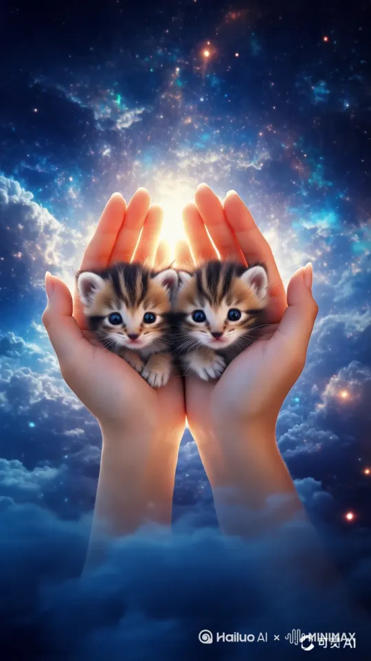 慢慢拉近，猫咪自然互动，动作符合自然动作。星河背景在慢慢旋转，近处云雾起伏飘动，手自然伸展。高清数字效果，超现实 by Hailuo AI Video Generator