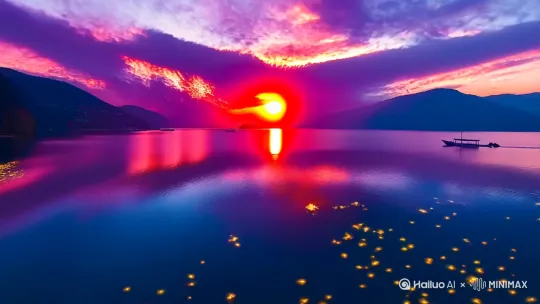 【前移】夕阳如一位褪去华服的舞者，将最后一抹金红轻柔地铺展在天际。云层从淡紫渐变到朱红，像被点燃的绸缎，山峦的轮廓在余晖中逐渐柔和，仿佛被镀上了一层蜜糖。

【下移】湖面碎成千万片星子，倒映着太阳半沉的轮廓，波光粼粼处，有白鹭掠过，剪影划破这流动的琥珀。远处的渔船摇曳着归航的桨影，与天边蜿蜒的晚霞交织成朦胧的诗行。

【后移】风掠过树梢，惊起一串金箔般的叶蝶，簌簌声里，蝉鸣渐歇，取而代之的是夜莺的初啼。农舍的烟囱升起袅袅青烟，与天边残留的玫红色晚霞缠绵交融，恍若天地间的私语。

【上移】最后一抹霞光倏然隐入山峦，天空像被墨汁浸染的宣纸，仅余几点星子试探着眨眼。街灯次第亮起，将归人的影子拉长，而那轮沉入地平线的红日，正把整日的喧嚣酿成夜的序曲。 by Hailuo AI Video Generator
