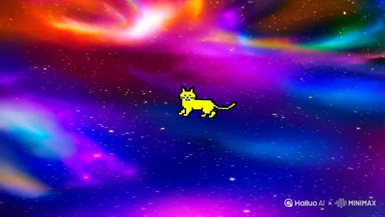 一个像素风的小猫漂浮在宇宙里[右移]，突然开始电闪雷鸣[上升]，小猫变成了一个像素 by Hailuo AI Video Generator