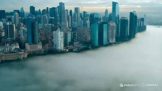 镜头划过晨雾中的城市天际线 by Hailuo AI Video Generator