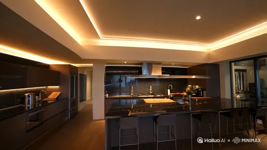 全景展现光影流转的开放式集成吊顶的厨房 by Hailuo AI Video Generator