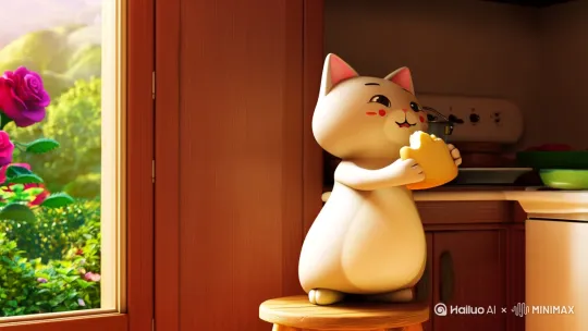生成一只猫咪，猫咪是毛绒玩具风格，猫咪不够高，垫着凳子，站在凳子上，正在厨房做面包，左手拿着面包，右手把面包撕了一小块，放入嘴巴里，吃完还舔了舔嘴巴。猫咪的左侧是厨房窗户，外面美丽的绿色植被还有盛开的玫瑰花。运镜小幅度环绕猫咪。 宫崎骏风格的画面，色调呈现暖色调，整体给人感觉到温馨惬意有治愈感。 by Hailuo AI Video Generator