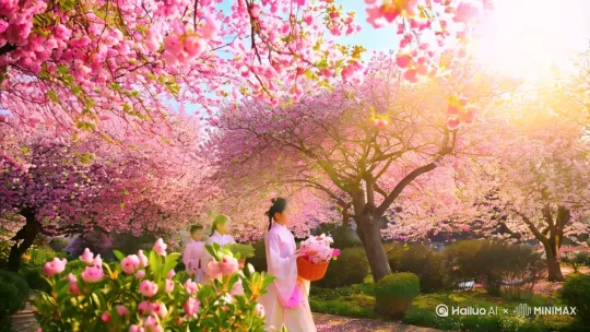 主题:花朝节
风格:中国传统节日,古风,唯美
元素:
1. 场景:春日花园,百花盛开,桃花、杏花、梨花、樱花等争奇斗艳。
2. 人物:身着汉服的少女,手持花篮,正在赏花或采摘花瓣。
3. 氛围:阳光明媚,微风轻拂,花瓣飘落,蝴蝶飞舞,充满生机与诗意。
4. 细节:远处可见古色古香的亭台楼阁,近处有小溪流淌,溪边点缀着野花。
5. 色彩:以粉色、白色、绿色为主,整体色调清新柔和,充满春日的温暖与浪漫。
要求:
- 画面层次分明,人物与自然和谐相融。
- 突出花朝节的传统文化氛围,展现节日的喜庆与美好。
- 细节精致,光影效果自然,整体画面充满诗意与美感。 by Hailuo AI Video Generator