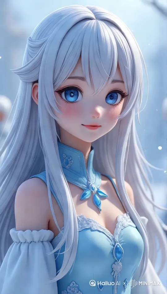 眨眼睛，飘逸的头发。[右移,跟随] by Hailuo AI Video Generator