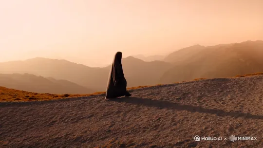 一位穿深灰色长袍的旅人在黄昏时分的蜿蜒碎石山路上孤独前行，极简主义风格，柔和的暖色调，远山轮廓被薄雾笼罩，低饱和度色彩，全景构图。 by Hailuo AI Video Generator
