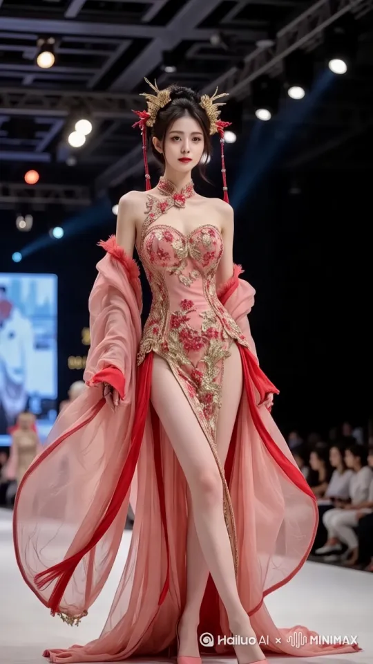 美女在T台走秀，姿势优美，动作流畅，大师运镜，电影感[上摇,拉远] by Hailuo AI Video Generator