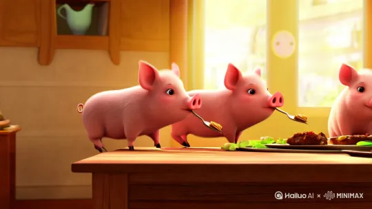 [右移,跟随]三只可爱的小猪，围坐在方桌前，吃烧烤 by Hailuo AI Video Generator