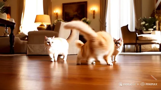 两只漂亮猫咪在客厅跳交谊舞[变焦推进] by Hailuo AI Video Generator
