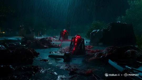 "暴雨夜血肉爆甲｜外骨骼殖装量子肌腱｜裂地脉冲×超频复眼｜暗红生物光撕裂痛觉::2.0" by Hailuo AI Video Generator