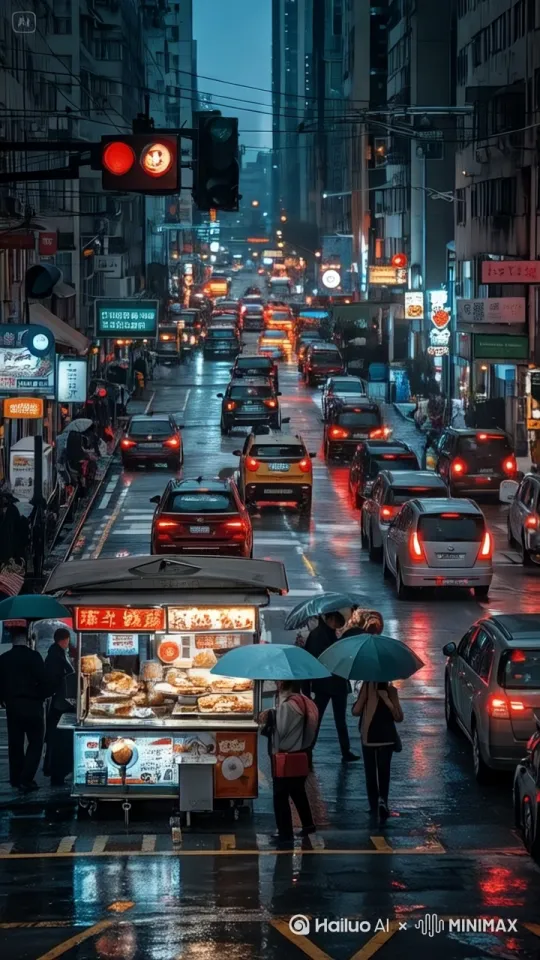 无人机视角向前飞视角，车辆行驶，人走动。 by Hailuo AI Video Generator