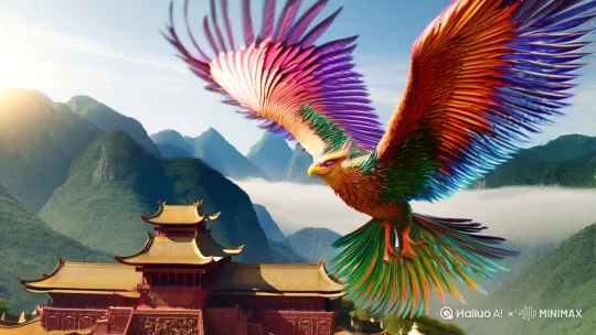 视频内容：一只巨大而华丽的凤凰在云雾缭绕的崇山峻岭间振翅翱翔，凤凰身上五彩斑斓的羽毛随风飘动，清晰可见，它时而引颈长鸣，声音响彻山谷，随后缓缓落在一处古老的、布满岁月痕迹的宫殿屋顶上，周身散发着神圣的光芒。
镜头：以全景展示凤凰在山峦云雾间飞行的宏大场景，再用特写镜头捕捉凤凰羽毛的细节、灵动的眼睛等。接着用中景展现凤凰落在宫殿屋顶的姿态。
光线：以明亮的自然光为主，模拟太阳从云雾后射出的光线效果，使凤凰身体部分受光明显，产生立体感，同时营造出神圣、奇幻的氛围。
背景：远处是连绵起伏、云雾缭绕的青山，下方是古朴庄严的宫殿建筑群，宫殿红墙金瓦，雕梁画栋。
镜头运镜：开始用推镜头从远景推向正在飞行的凤凰，展现其动态。在特写时保持稳定。当凤凰落地后，运用环绕镜头，从不同角度展示凤凰落在屋顶的全貌。
视频风格：真实摄影风格，强调画面的逼真与质感，仿佛真实记录到神话中的凤凰。
画面质量：超高清，每一根羽毛、每一处建筑纹理都清晰可辨，画面具有真实的光影和色彩过渡，无虚假合成感。 by Hailuo AI Video Generator