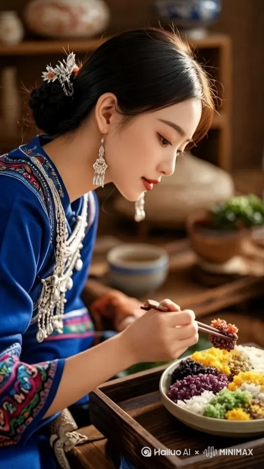 [右移,拉远]女士夹起着糯米饭，表情柔和，动作自然，光影晃动，，清风吹动脸上发丝。 by Hailuo AI Video Generator